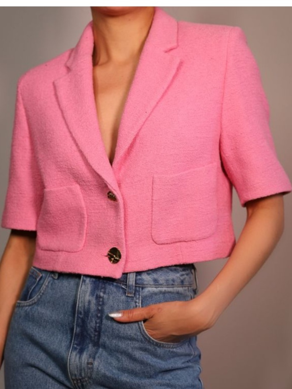Zara Women’s Bubble Gum Pink Cropped Tweed Gold Buttons Jacket